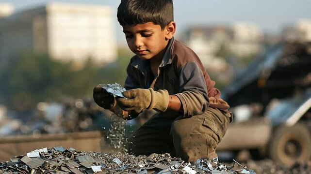 Recycling worker sorting sharp metal scraps in yard without gloves