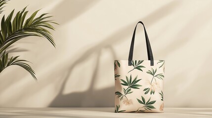 A tote bag mock-up featuring a customizable print design on natural fabric.