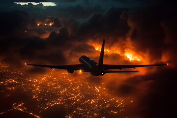 Reconnaissance aircraft navigating through smoke and flames at night during a critical mission over a disaster area
