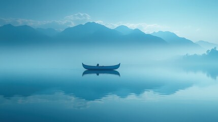 Serene lake landscape photo featuring a lone rowboat under a misty sky, with mountains in the background. Perfect for tranquility, peace, and nature themes.