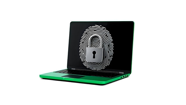 Laptop with fingerprint, cybersecurity concept.