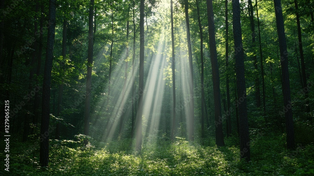 Poster sunlight filters through dense green trees in a tranquil forest during the early morning hours creat