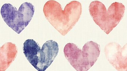 Fototapeta premium Watercolor Hearts Pattern on Linen Texture