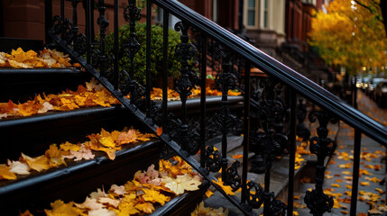 Stunning autumn leaves on iron railings and steps