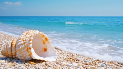 Obraz premium A solitary shell rests on the sandy beach, as gentle waves approach, creating a serene coastal scene filled with natural beauty.