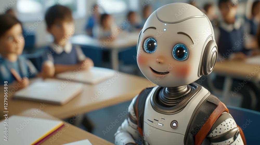 Poster futuristic interactive ai-powered classroom design showcasing advanced technologies for innovative l