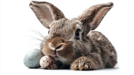 Obraz premium Adorable Brown Bunny with Speckled Easter Eggs on White Background