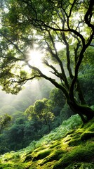 Fototapeta premium Sunlight filters through dense foliage in a serene forest, highlighting vibrant greenery and a peaceful atmosphere