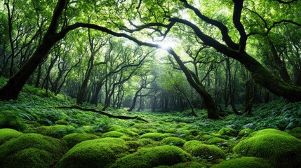 Lush green forest with sunlight filtering through trees creates a serene atmosphere in a natural setting during the early morning hours
