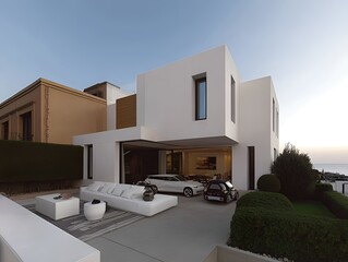 Luxury modern villa with a minimalist white facade, large windows, and an open-concept living space, featuring an elegant outdoor lounge and a garage with luxury cars, overlooking the ocean at sunset