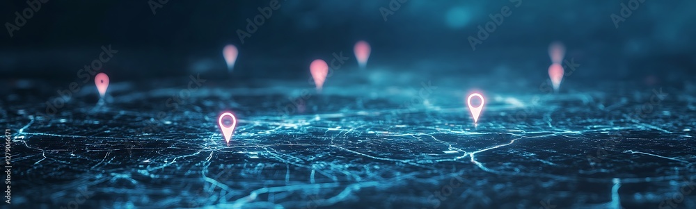 Poster an image of a smart city map featuring glowing holographic waypoints, designed for futuristic urban 