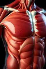 Detailed anatomical rendering of human upper body musculature, highlighting form and muscle definition.