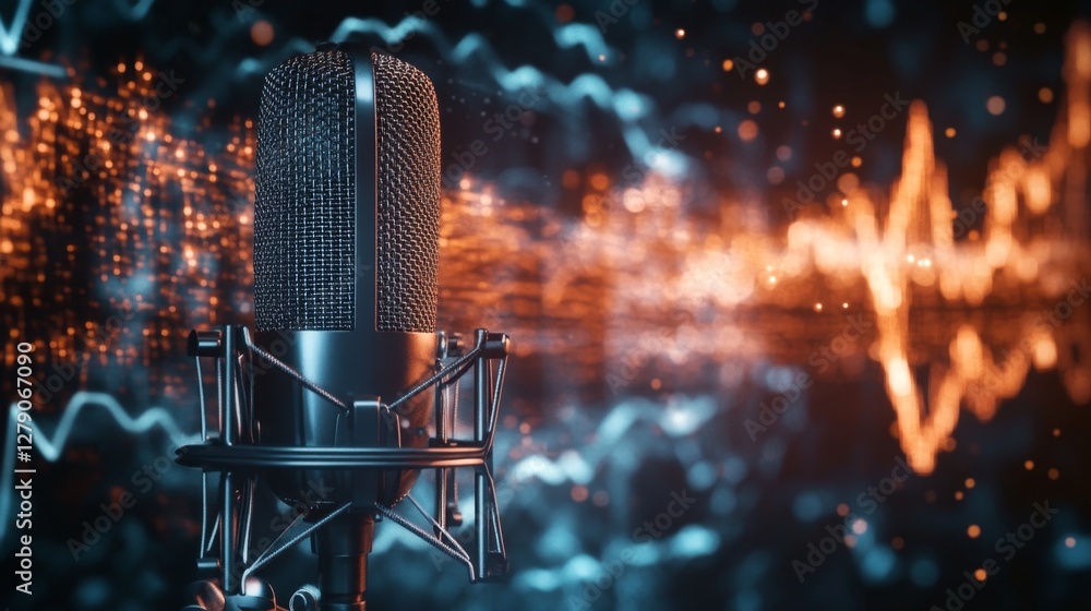 Poster dynamic sound waves studio closeup image creative environment up-close view animated microphone conc