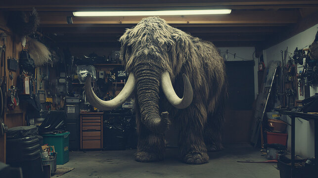 A massive woolly mammoth standing in the middle of a cluttered workshop garage surrounded by tools and equipment in dim lighting  
