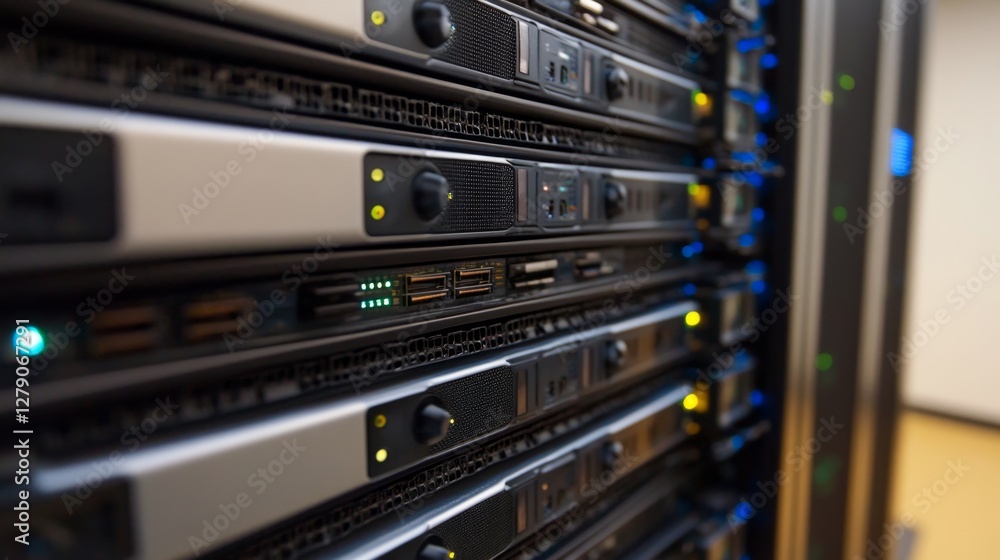 Poster monitoring modern servers server room technology setup digital environment close-up view high-tech i