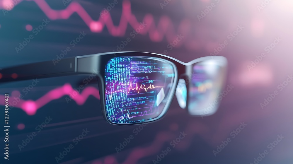 Poster smart glasses displaying biometric health data in a futuristic design.