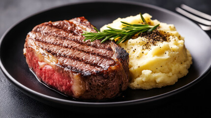 Perfectly grilled steak served with creamy mashed potatoes