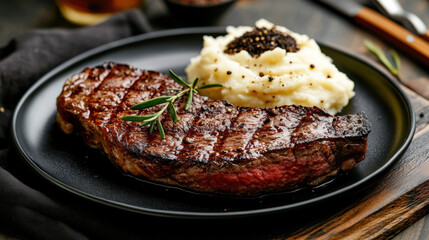 Perfectly grilled steak served with creamy mashed potatoes