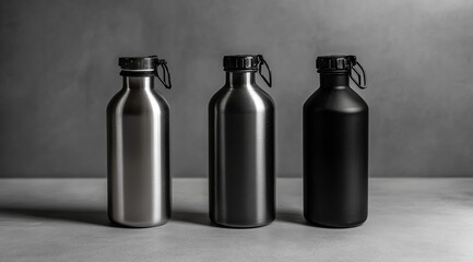 Three different black and silver metal water bottles on a light grey background, front view