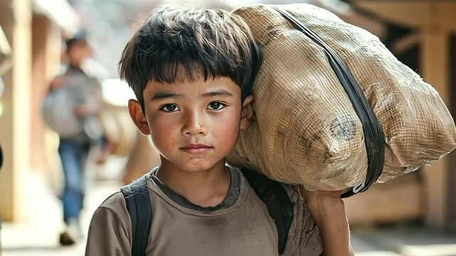 Young boy struggling with heavy load at market while adults ignore him
