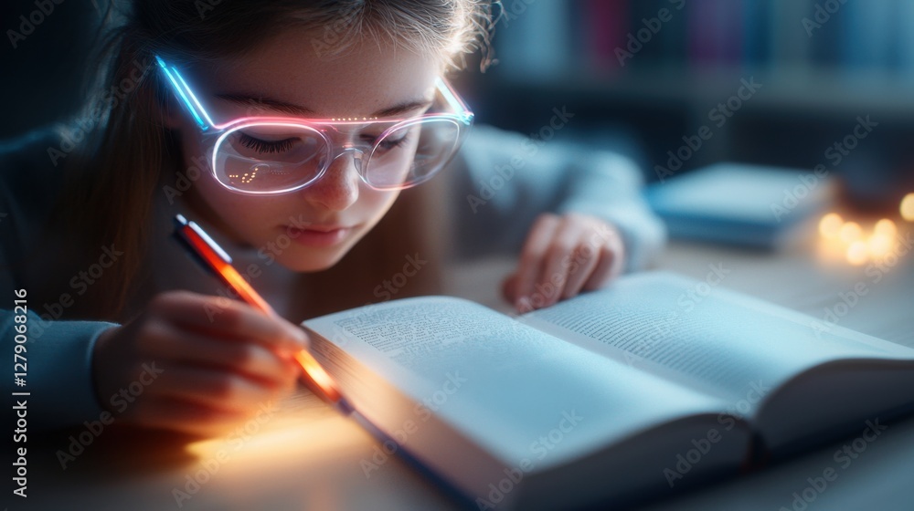 Poster neon-lit cyber university setting with ai-powered educators guiding and instructing students in a fu