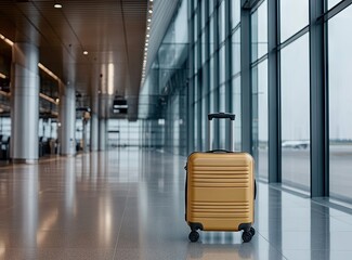 Naklejka premium Gold suitcase positioned in an empty airport terminal with large windows and distant airplanes visible outside