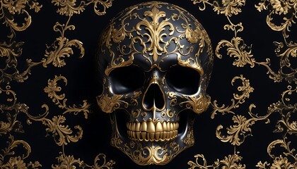 Ornate Skull in Gilded Baroque Pattern: A Darkly Elegant Digital Art