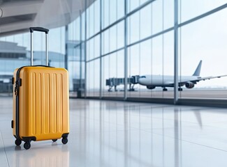 A bright yellow suitcase sits patiently at the bustling airport terminal while a plane readies itself for departure in the background