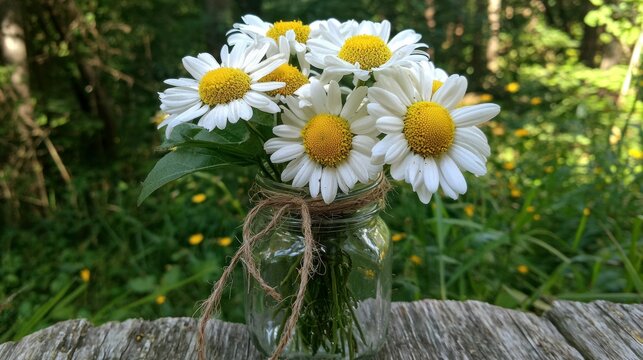 A cheerful daisy bouquet in full bloom, arranged in a mason jar with a rustic twine bow.