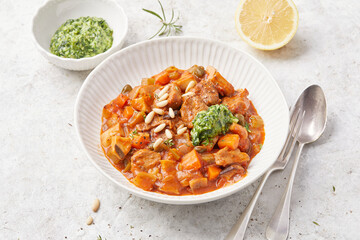 Seitan and Tomato Stroganoff with Herb Pesto and Creamed Polenta