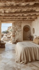 52. Drift into a world of minimal comfort in this serene villa bedroom, framed by immaculate white walls and polished floors. A plush, centered bed invites relaxation, surrounded by sparing 