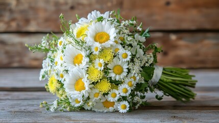 Obraz premium A fresh daisy bouquet, with white and yellow blooms, placed on a vintage wooden table.