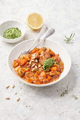 Seitan and Tomato Stroganoff with Herb Pesto and Creamed Polenta