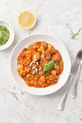 Seitan and Tomato Stroganoff with Herb Pesto and Creamed Polenta