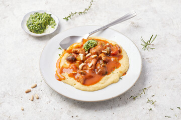 Seitan and Tomato Stroganoff with Herb Pesto and Creamed Polenta