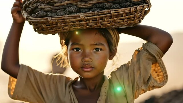 Young girl carrying heavy coal basket through dusty mining town