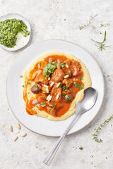 Seitan and Tomato Stroganoff with Herb Pesto and Creamed Polenta