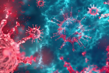 Obraz premium Vivid 3D illustration of spiky virus particles in red and blue, floating against a glowing, abstract background, ideal for science, health, or pandemic visuals