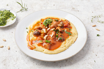 Seitan and Tomato Stroganoff with Herb Pesto and Creamed Polenta