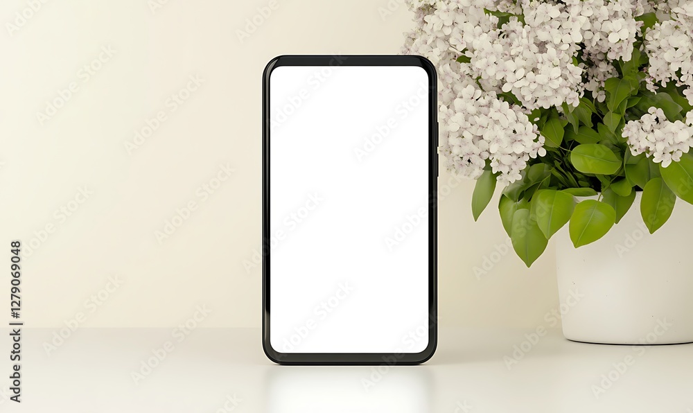 Aufkleber A smartphone with a blank white screen placed on a tidy desk, ideal for tech-related visuals.