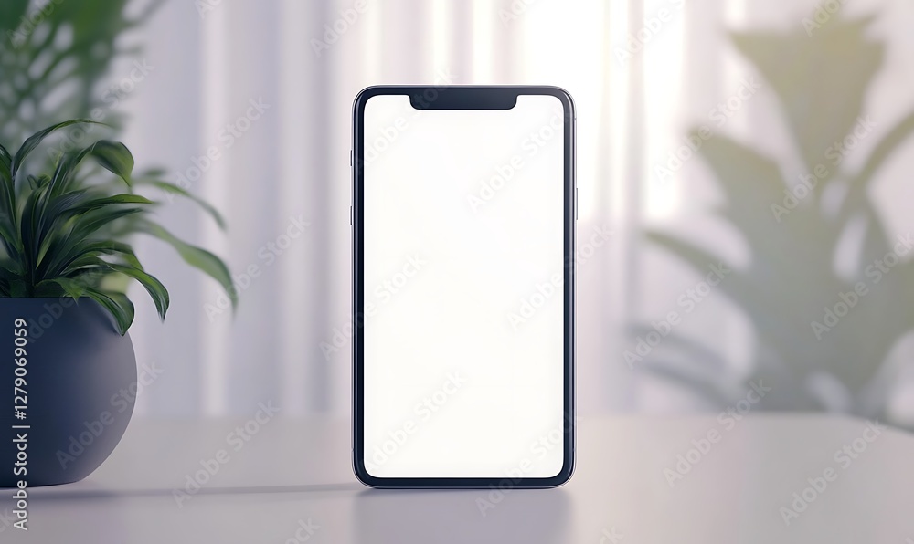 Poster a smartphone with an empty white screen resting on a clean desk, ideal for minimalist design concept