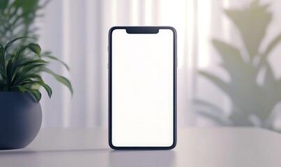 A smartphone with an empty white screen resting on a clean desk, ideal for minimalist design concepts.