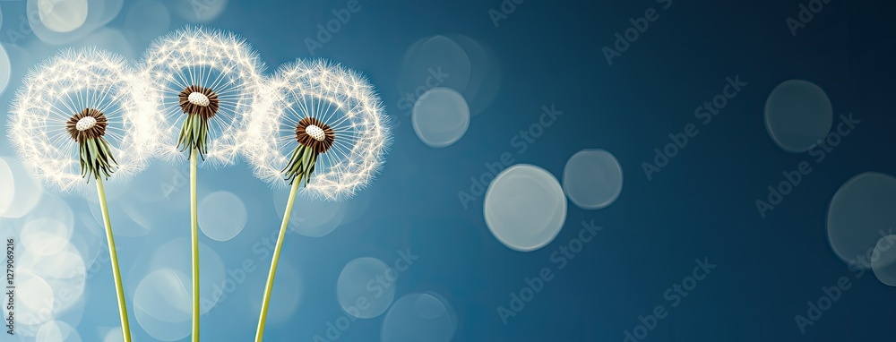 Poster dandelions with fluffy seeds swaying in the gentle breeze against a blue background with soft bokeh 