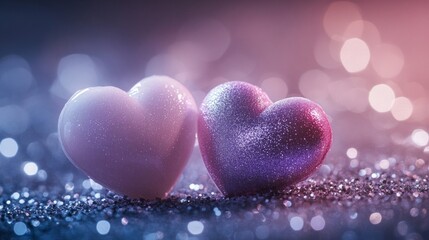 Fototapeta premium Two Glittering Hearts on Sparkling Background