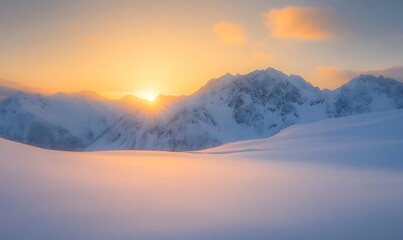 Snow-covered mountain peaks illuminated by a golden sunset, capturing a serene and picturesque landscape.