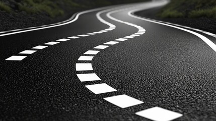 Winding Road with White Dashes in Scenic Landscape Captured in High-Definition Close-Up