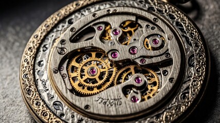 Obraz premium Opened Pocket Watch with Intricate Silver and Gold Mechanism Revealing Gears and Ruby Jewels on Gray Background