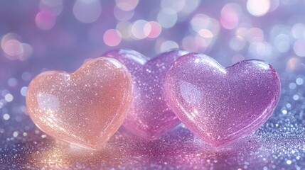 Fototapeta premium Three Glittery Hearts on Sparkling Background