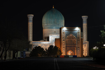 The Amir Temur Mausoleum Gur-i Amir Сomplex at night in Samarkand, Uzbekistan