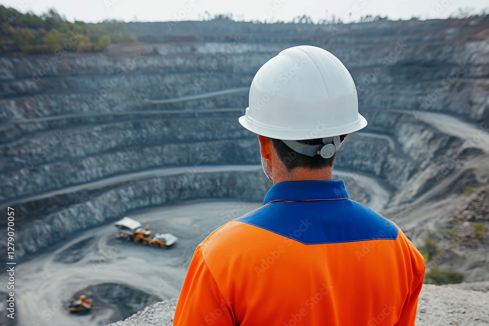 Poster Mining worker observes the quarry from high ground. Generative AI